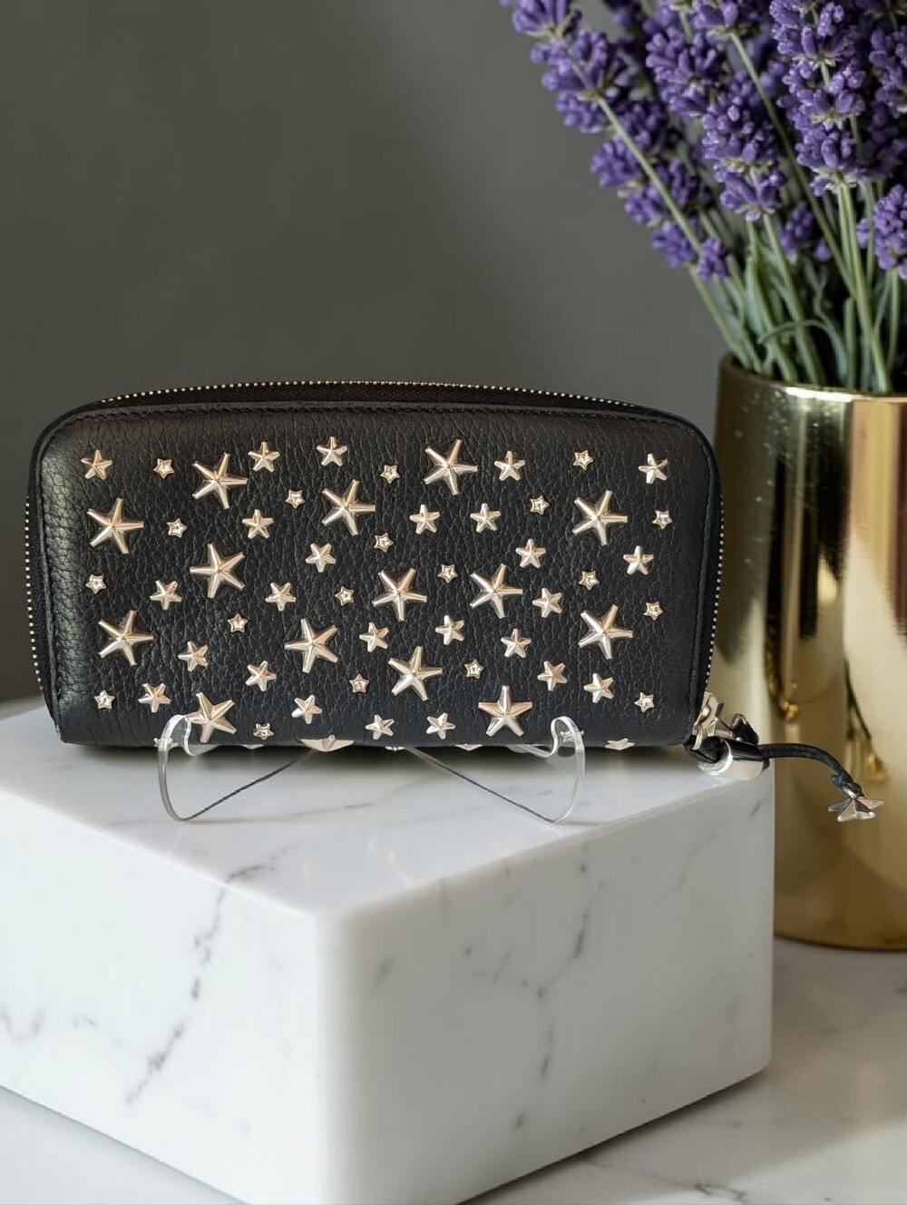 Jimmy Choo Filipa Black Leather Wallet with Silver Star Studs and Crystal Stars